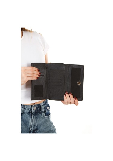 Yaşam Çiçeği Baskılı Şans Cüzdanı Kağıt Bozuk Para Ve Kartlık Bölmeli Siyah Kadın Cüzdan Siyah