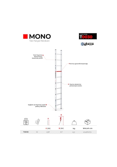 Çağsan T0030 10 Basamaklı Mono Tek Parçalı Alüminyum Merdiven