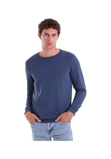Hatemoğlu İndigo Regular Fit Düz Pamuklu Bisiklet Yaka Sweatshirt İndigo