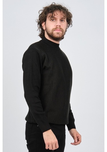 Çizgi Triko Erkek Yarım Balıkçı Çizgi Desenli Kazak 42564234 Siya Siyah