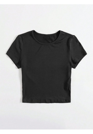 Bisiklet Yaka Siyah Renk Fitilli Kısa Kollu Slim Fit Crop Top Bluz Siyah