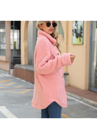 Sonbahar Ve Kış Kadın Ceket Yaka Uzun Kollu Gevşek Düğmeler Sahte Cepler Demir Olmayan Uzun Peluş Ceket Kayısı Açık Bej