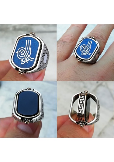 Fkgümüş Osmanlı Tuğrası İşlemeli Siyah Taşlı Çift Taraflı Erkek Yüzük