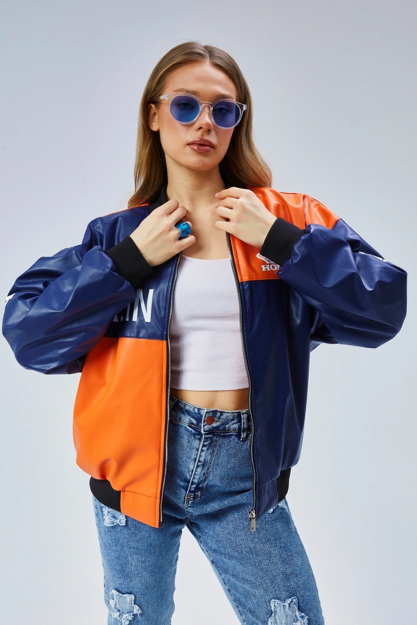 Kadın Oversize Baskılı Deri Motorcu Montu Fermuarlı Yarışçı Ceket Astarlı Bomber Kolej Mont Lacivert