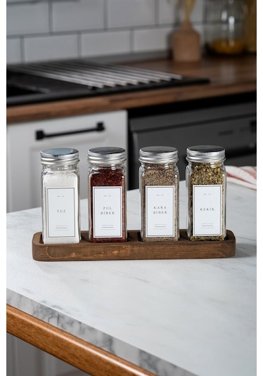 Mienda Home 4'lü Ahşap Standlı Cam Baharatlık Seti Kapaklı Etiketli Baharatlık Takımı Mh01slvr04 Beyaz - Şeffaf