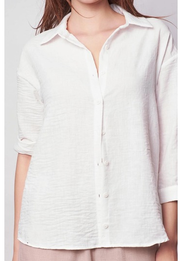 Kadın Keten Düşük Omuzlu Yakalı Kapri Kol Apoletli Gömlek -krem Krem