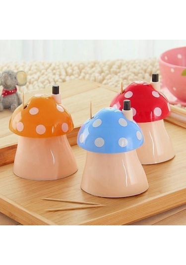 Turuncu Basın Tasarım Otomatik Kürdan Tutucu Toz Geçirmez Büyük Kapasiteli Yaratıcı Mantar Şekilli Masa Kürdan Saklama Kutusu Ev İçin