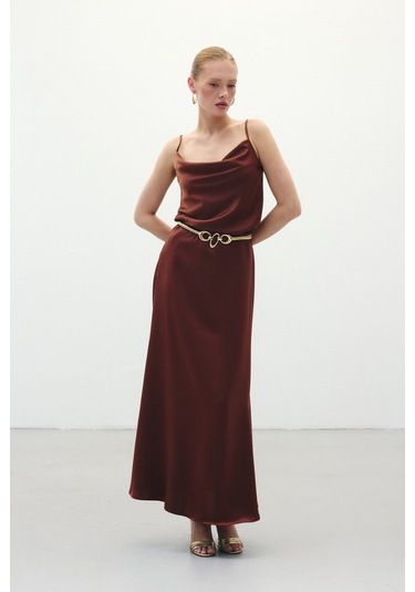 Sateen Uzun Saten Etek - Kahve