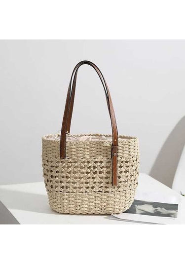 Ganzhoushop Yaz Üst Tote Saplı Plaj Omuz Kova Kapasiteli Kadınlar İçin Hasır Dokuma Çantası Çantası Çanta Büyük Beige Alışveriş Wt Bej