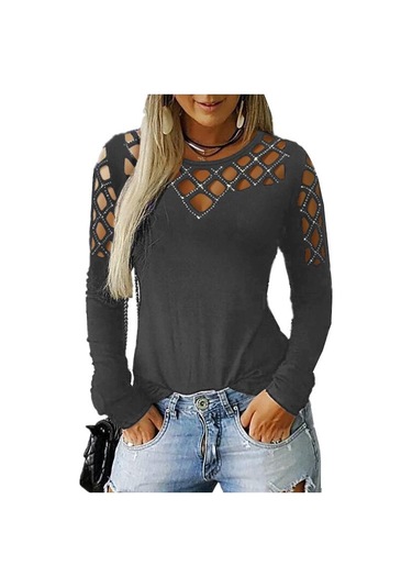 Gmxıa Kadın Modası Rahat Yazlık Hollow Iron Matkap Düz Renk Baskı Uzun Kollu O-yaka Bol Bluzlar Ve Gömlekler Gri Gmxıa Kadın Modası Rahat Yazlık Hollow Iron Matkap Düz Renk Baskı Uzun Kollu O-yaka Bol Bluzlar Ve Gömlekler Gri