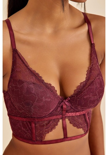 Roma Bordo Dantelli Dolgusuz Toparlayıcı Büstiyer Sütyen bordo