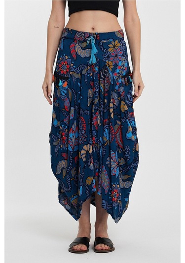 Schık Kadın Viskon Empirme Çiçek Baskı Bohem Stil Cepli Bel Lastikli Etek Lacivert