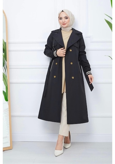 Bondit Kumaş Ribanalı Uzun Boy Trençkot / Siyah - M0110 Siyah