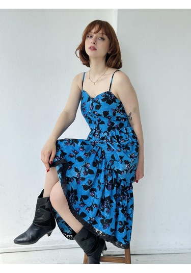 Retrobird Country Girl Ruffle Dantel Detaylı Tasarım Elbise Kadın Koyu Mavi-13311-koyu Mavi