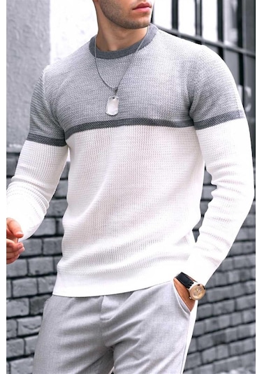 Madmext Madmext Beyaz Renk Bloklu Erkek Kazak 4734-beyaz Beyaz