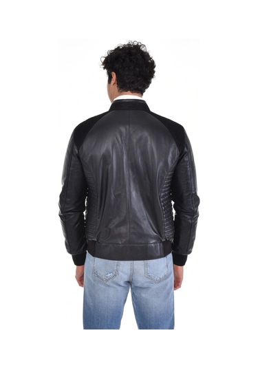 Hakiki Deri Siyah Erkek Deri Mont Kollar Ve Belden Lastikli Çift Fermuarlı Yandan Cepli Deri Ceket Siyah