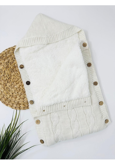 Colarado 70-45cm Kapüşonlu İçi Polar Yün Triko Kundak - Krem Krem