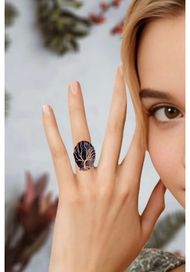 Pozitif Doğal Taş Ametist Ayarlı Yüzük Bakır Hayat Ağacı El Yapımı 466-3 Çok Renkli