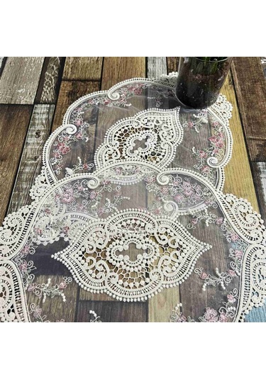 2 Adet Vintage Oval Dantel Masa Örtüsü Beyaz
