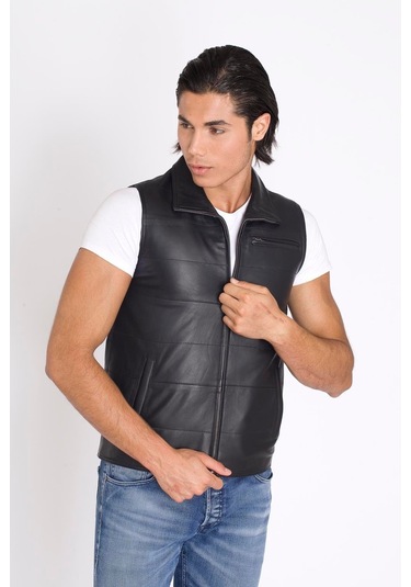 Siyah Gerçek Deri Yelek-Siyah