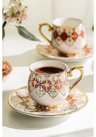 Nehir Rüya Porselen Kahve Fincan Takımı Seti 6 Kişilik Beyaz - Altın