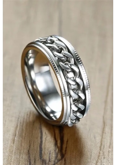 Ortası Dönebilen Zincirli Erkek Kadın Anti-stres Çelik Alyans Yüzük Cl43 Gümüş - Gri