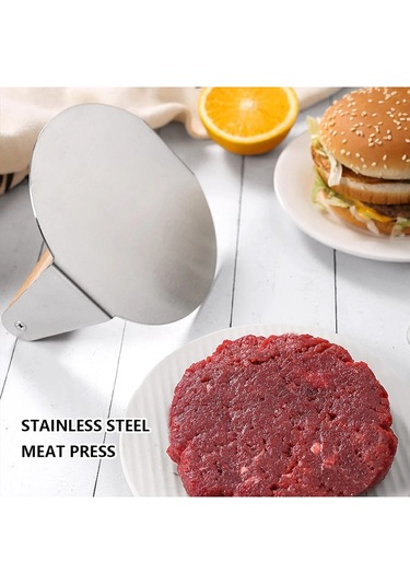 Yuvarlak Smash Burger Presi,16 Cm ,3 Mm 304 Paslanmaz Çelik Ahşap
