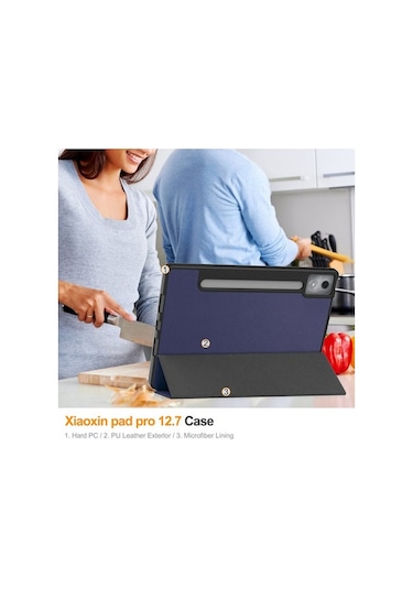 Vkemall Lenovo Xiaoxin Pad Pro 2025 12.7 İnç Korumalı Kılıf - Üç Katlı Ayaklı Deri Kapak Mavi