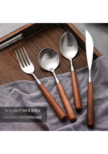 Teltree 304 Paslanmaz Çelik 4'lü Beste: Doğal Ceviz Saplı Yemeklik Takımı Ceviz