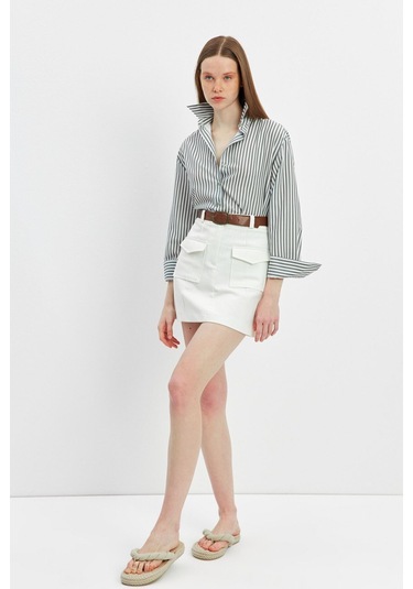 Stella Pulvis Krem Cepli Nervürlü Mini Etek Krem