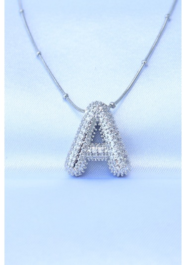 316l Çelik Zincirli Zirkon Taşlı A Harfli Gümüş Renk Bubble Koly Renkli