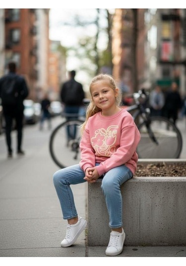 Kız Çocuk Pamuklu Çiçek Desenli Sweatshirt-16337 Pembe