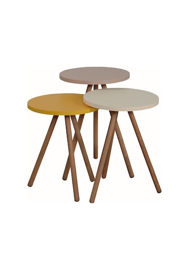 Renkli Üçlü Zigon Sehpa Ahşap Ayaklı Yuvarlak Pastel Tasarım Sarı Krem Cappuccino