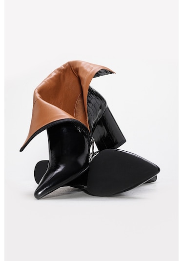 Hakiki Deri Kadın Kalın Topuklu Bot 215dza3211 Siyah Kroko