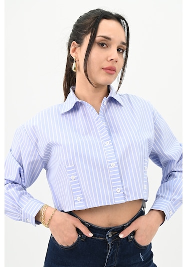 Koza Butik Kadın Çizgili Mavi Crop Gömlek 1738-24 001