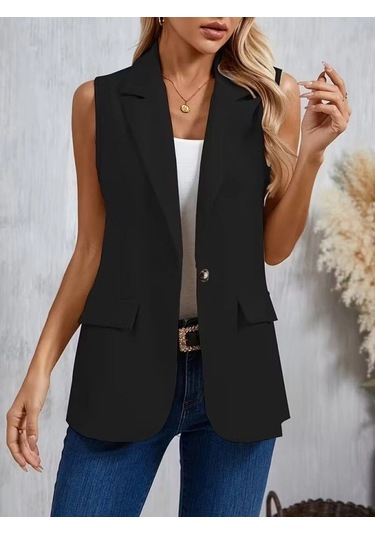 Defymoda Kadın Kolsuz Yakalı Önden Tek Düğmeli Atlas Ceket Siyah