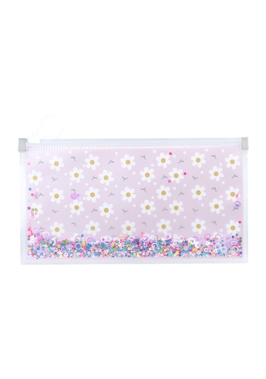 Simli Şeffaf Kalem Çantası - Papatya Desen