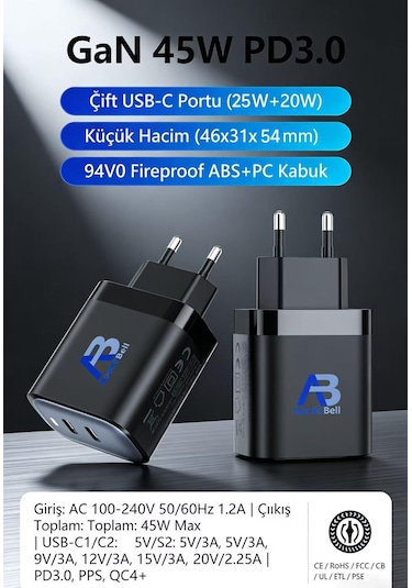 Apollobell Chm01-007 45w Gan Pro Şarj Aleti