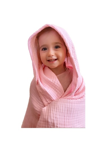 4 Katlı Müslin Kapşonlu Bebek Çocuk Banyo Havlusu Kundak Pembe