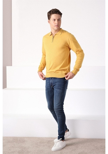 Ferraro K.Sarı Polo Yaka Fermuarlı Erkek Pamuk Kazak Sarı