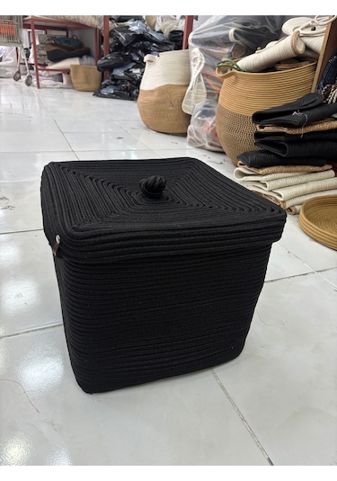 Quadra Dikdörtgen Dört Köşeli Hasır Jüt Sepet 30cm X 30cm Siyah