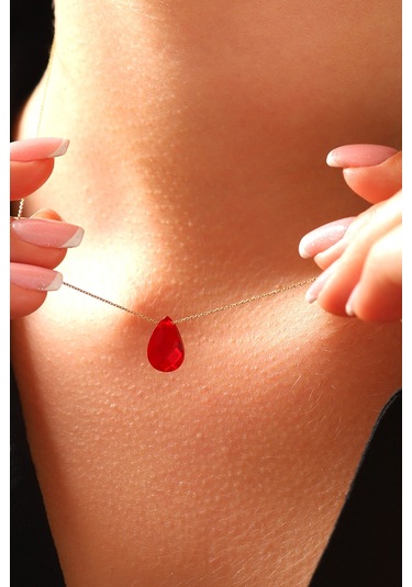 14 Ayar Altın Kolye Yakut Rengi Doğal Kırmızı Taş Altın Zincirli Kolye 45 Cm Uzunluk