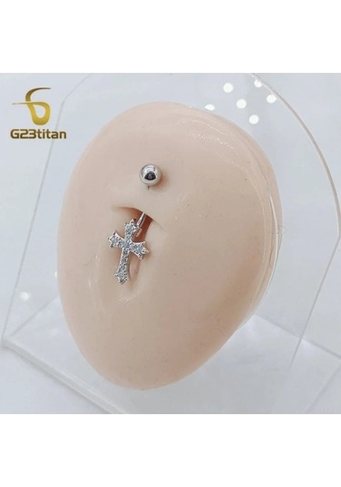 Flybuy Altın Gümüş Zirkon Çapraz Sembol Kavisli Titanyum Navel Ring, 1.5cm, Göbek Yüzük, Dini Tasarım, G23titan Marka, Paslanmaz Çelik Ve Titanyum, Erkek/kadın, Moda Aksesuar Gümüş