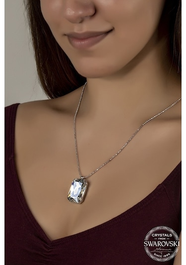 Union Swarovski Crystal Kadın Büyük Parlak Octagan Gümüş Kolye