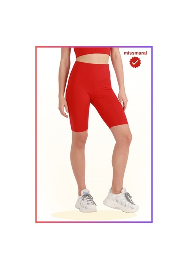 Kadın Yüksek Bel Toparlayıcı Tayt Kısa Spor Şort Deniz Havuz Spor Biker Shorts Kırmızı 1070 Kırmızı