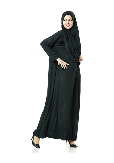 Pratik Başörtülü Tek Parça Namaz Elbisesi ve Seccade Seti Siyah 001