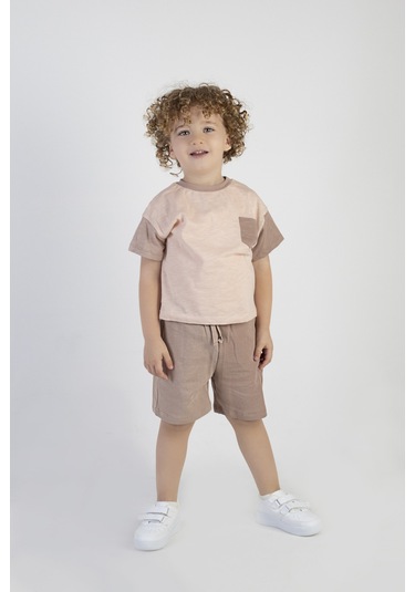 Erkek Çocuk Kahve Desen Kısa Kollu Şortlu Basic Alt Üst Takım 001