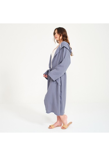 Unisex Kapüşonlu Uzun Müslin Bornoz-Antrasit