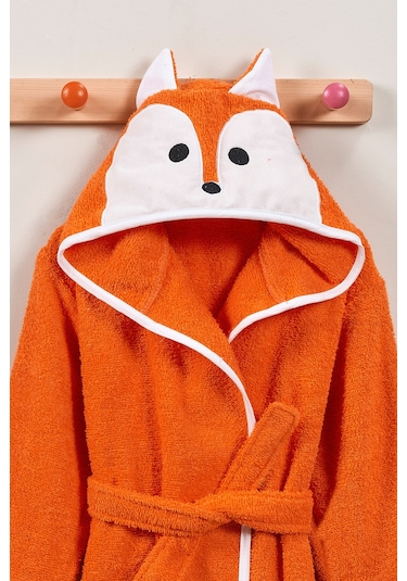 Kapşonlu Çocuk Bornoz Pamuk Erkek Bornozu Tilki Turuncu Turuncu - Beyaz