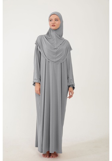 Kadın Tesettür Pamuklu Başörtülü Namaz Elbisesi Dantelli Tek Parça Penye Kumaş Gri
